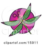 Colorful Dragonfly Over A Purple Circle Clipart Illustration