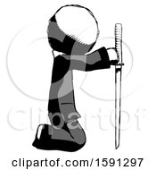 Poster, Art Print Of Ink Clergy Man Kneeling With Ninja Sword Katana Showing Respect