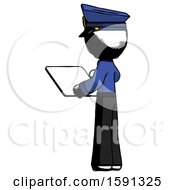 Poster, Art Print Of Ink Police Man Looking At Tablet Device Computer With Back To Viewer