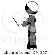 Poster, Art Print Of Ink Clergy Man Looking At Tablet Device Computer With Back To Viewer