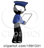 Poster, Art Print Of Ink Police Man Looking At Tablet Device Computer Facing Away