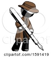 Ink Detective Man Drawing Or Writing With Large Calligraphy Pen