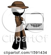 Poster, Art Print Of Ink Detective Man Holding Laptop Computer Presenting Something On Screen