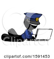 Poster, Art Print Of Ink Police Man Using Laptop Computer While Lying On Floor Side Angled View