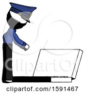 Poster, Art Print Of Ink Police Man Using Large Laptop Computer Side Orthographic View