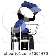 Poster, Art Print Of Ink Police Man Using Laptop Computer While Sitting In Chair View From Back