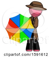 Poster, Art Print Of Pink Detective Man Holding Rainbow Umbrella Out To Viewer