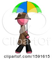 Poster, Art Print Of Pink Detective Man Walking With Colored Umbrella