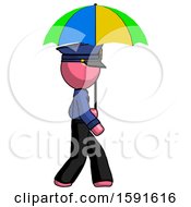 Poster, Art Print Of Pink Police Man Walking With Colored Umbrella