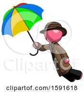 Poster, Art Print Of Pink Detective Man Flying With Rainbow Colored Umbrella