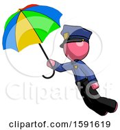 Poster, Art Print Of Pink Police Man Flying With Rainbow Colored Umbrella