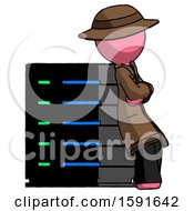 Poster, Art Print Of Pink Detective Man Resting Against Server Rack Viewed At Angle