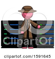 Poster, Art Print Of Pink Detective Man With Server Racks In Front Of Two Networked Systems