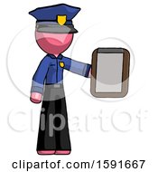 Poster, Art Print Of Pink Police Man Showing Clipboard To Viewer
