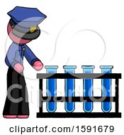Poster, Art Print Of Pink Police Man Using Test Tubes Or Vials On Rack
