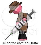 Pink Detective Man Using Syringe Giving Injection