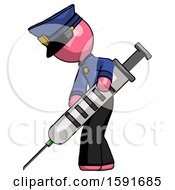 Poster, Art Print Of Pink Police Man Using Syringe Giving Injection