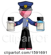 Poster, Art Print Of Pink Police Man Holding Two Medicine Bottles