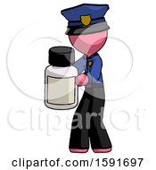 Poster, Art Print Of Pink Police Man Holding White Medicine Bottle