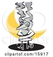 Bride Of Frankenstein Standing In Front Of A Crescent Moon Tied Up In A Straitjacket Clipart Illustration