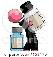 Pink Clergy Man Holding Large White Medicine Bottle With Bottle In Background