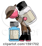 Pink Detective Man Holding Large White Medicine Bottle With Bottle In Background