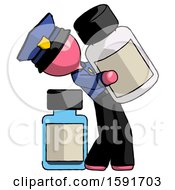 Pink Police Man Holding Large White Medicine Bottle With Bottle In Background