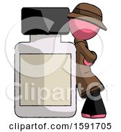 Pink Detective Man Leaning Against Large Medicine Bottle