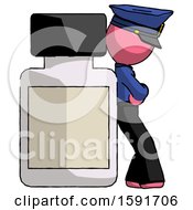 Poster, Art Print Of Pink Police Man Leaning Against Large Medicine Bottle
