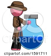 Poster, Art Print Of Pink Detective Man Standing Beside Large Round Flask Or Beaker