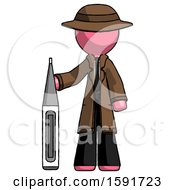 Poster, Art Print Of Pink Detective Man Standing With Large Thermometer