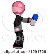 Poster, Art Print Of Pink Clergy Man Holding Blue Pill Walking To Right