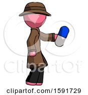Poster, Art Print Of Pink Detective Man Holding Blue Pill Walking To Right
