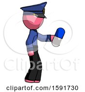 Poster, Art Print Of Pink Police Man Holding Blue Pill Walking To Right