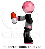 Poster, Art Print Of Pink Clergy Man Holding Red Pill Walking To Left