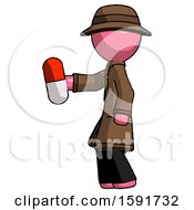 Poster, Art Print Of Pink Detective Man Holding Red Pill Walking To Left