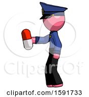 Poster, Art Print Of Pink Police Man Holding Red Pill Walking To Left