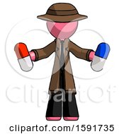 Poster, Art Print Of Pink Detective Man Holding A Red Pill And Blue Pill