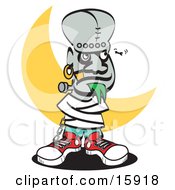 Frankenstein Standing In Front Of A Crescent Moon Tied Up In A Straitjacket Clipart Illustration