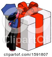 Poster, Art Print Of Pink Police Man Leaning On Gift With Red Bow Angle View