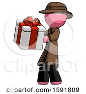 Poster, Art Print Of Pink Detective Man Presenting A Present With Large Red Bow On It