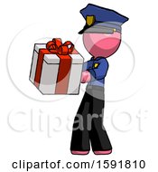 Poster, Art Print Of Pink Police Man Presenting A Present With Large Red Bow On It