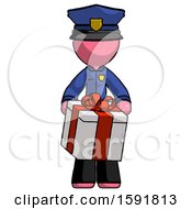 Poster, Art Print Of Pink Police Man Gifting Present With Large Bow Front View