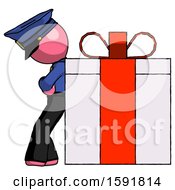 Poster, Art Print Of Pink Police Man Gift Concept - Leaning Against Large Present