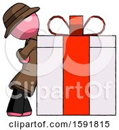 Poster, Art Print Of Pink Detective Man Gift Concept - Leaning Against Large Present