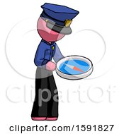 Poster, Art Print Of Pink Police Man Looking At Large Compass Facing Right