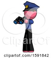 Poster, Art Print Of Pink Police Man Holding Binoculars Ready To Look Left