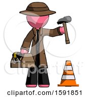 Poster, Art Print Of Pink Detective Man Under Construction Concept Traffic Cone And Tools