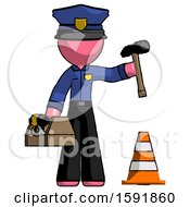 Poster, Art Print Of Pink Police Man Under Construction Concept Traffic Cone And Tools