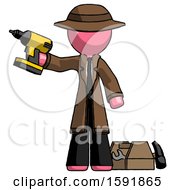 Pink Detective Man Holding Drill Ready To Work Toolchest And Tools To Right